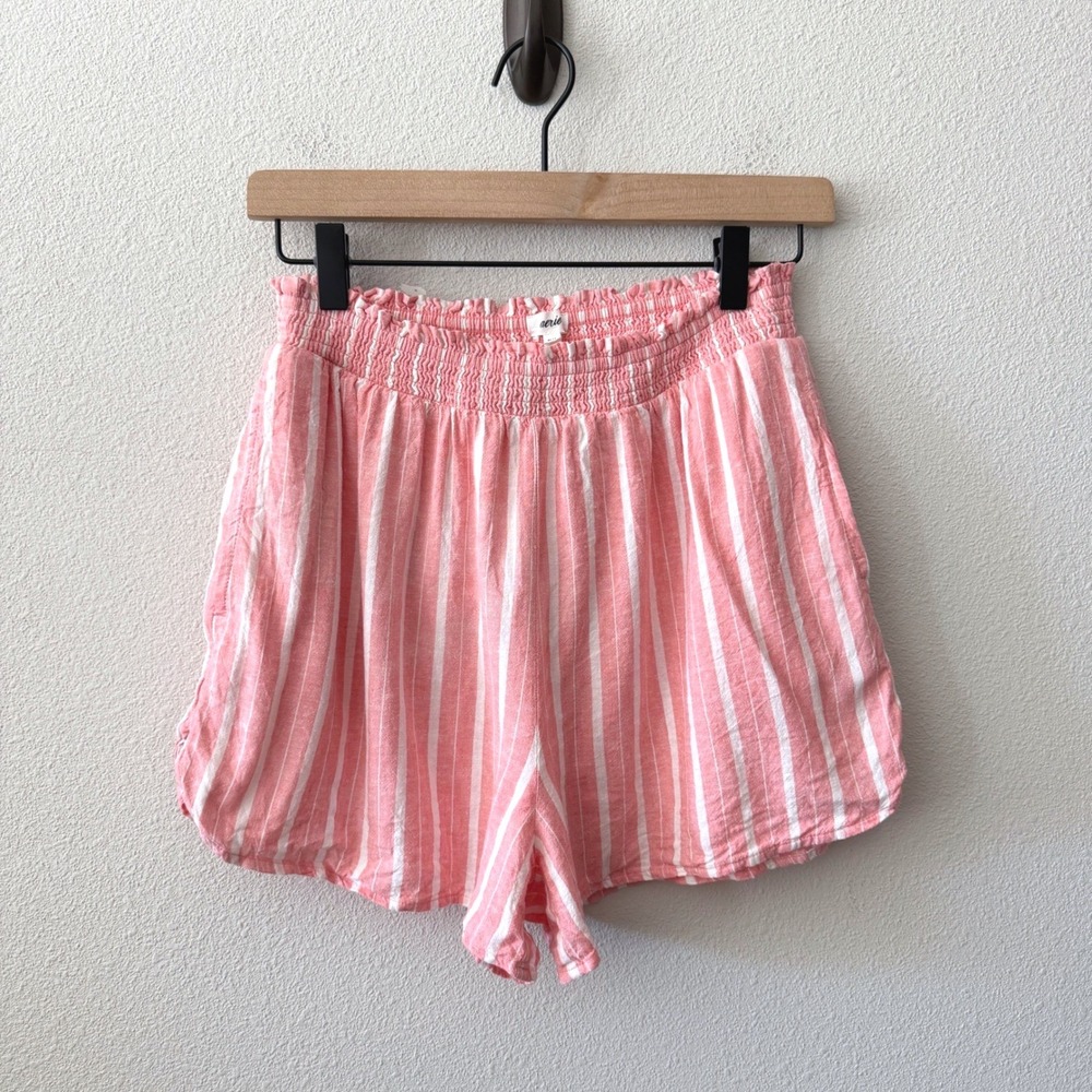 AERIE Womens Linen Blend Striped Smocked Shorts Size Medium Coastal Beachy Boho